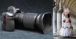A Nikon camera with a large lens is positioned on a dark surface on the left side of the image. On the right, there is a person dressed in an elaborate historical costume with a pink and white dress and matching headpiece standing in a corridor with arches.