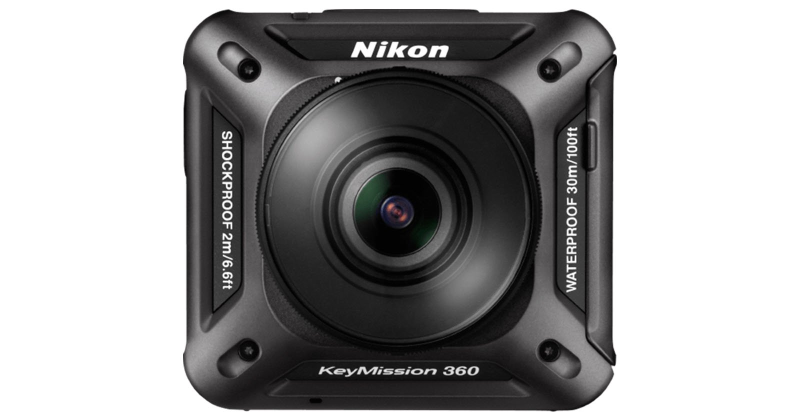 Front view of a Nikon KeyMission 360 camera, featuring a prominent lens centered on a black square body with labels indicating shockproof and waterproof qualities.
