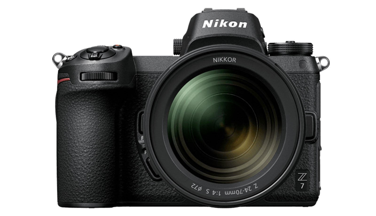 Front view of a Nikon Z7 mirrorless camera with a large zoom lens, displaying detailed texture on its black body and clearly visible brand and model markings.