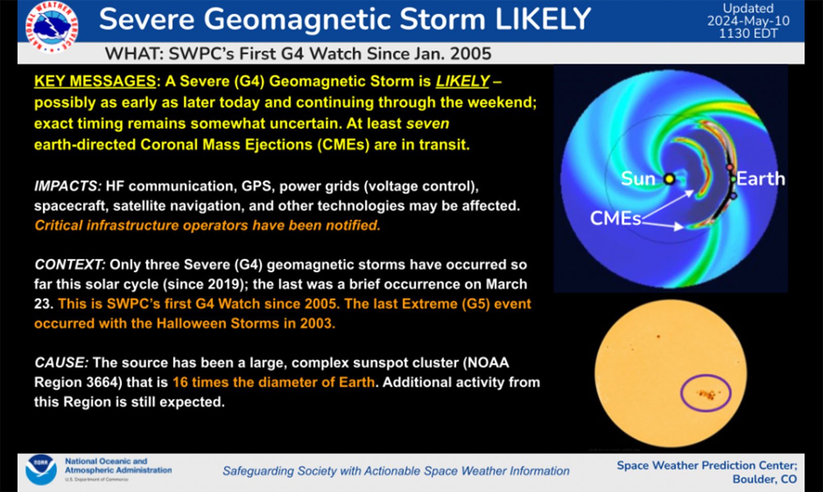 This image shows a weather bulletin from the noaa space weather prediction center, detailing an expected g4 (severe) geomagnetic storm with maps and diagrams illustrating solar activity and its potential impact on earth.