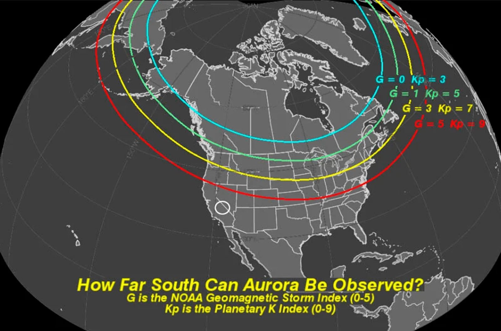 A map showing how far south the aurora can be observed based on the noaa geomagnetic storm index and the planetary k index. north america is highlighted with color-coded lines indicating different intensity levels.