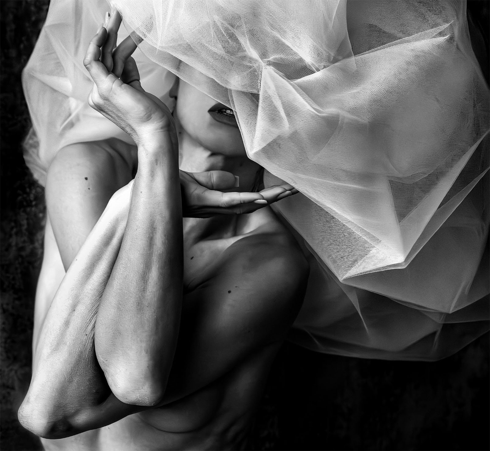 A black and white image of a person partially obscured by translucent fabric. The person's arms are artistically posed, with one hand near their face and the other extended upward. The texture and contrast of the fabric create an ethereal and evocative visual effect.