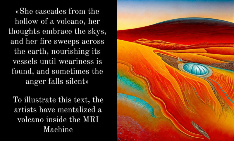 An abstract artwork depicts a vibrant, colorful landscape resembling a volcano merging with a meadow. Text beside the image reads: "She cascades from the hollow of a volcano, her thoughts embrace the skys ...(sic) thromray)(ed whileillustrate« fallsilentTo MRI Machine.