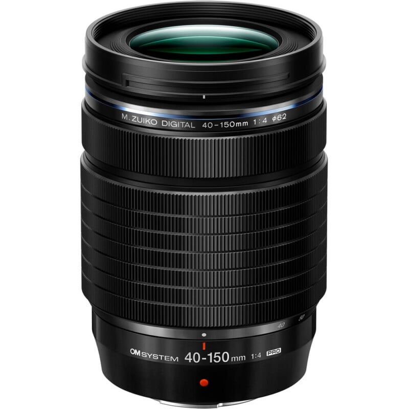 A black m.zuiko digital camera lens, model 40-150mm f/4.0, with a green ring near the top and detailed texture on the focus and zoom rings.