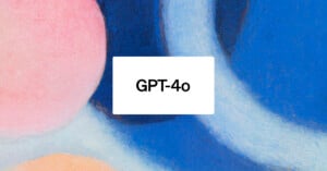 Close-up of an abstract painting showing vibrant blue tones with soft pink and orange circular shapes, partially obscured by a white rectangle labeled "GPT-40".