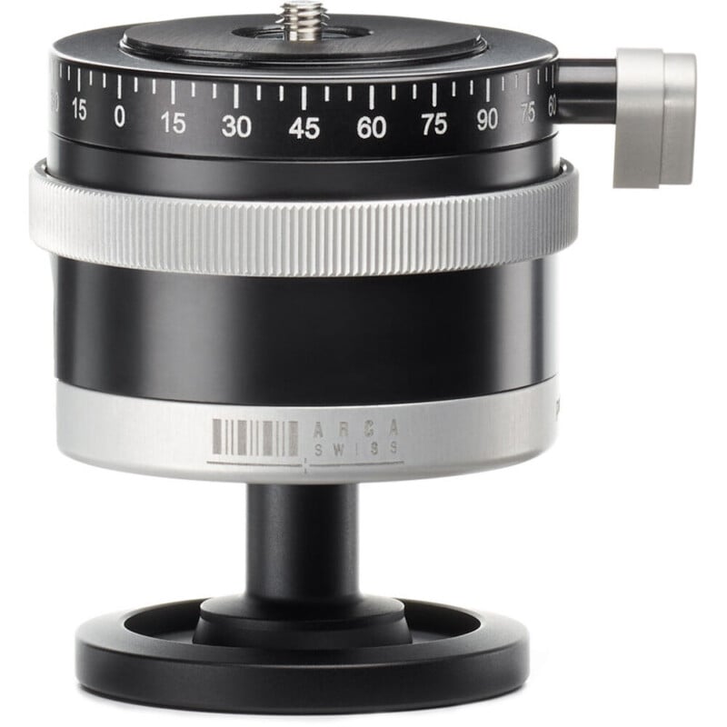 A close-up view of a black and silver precision panoramic tripod head with degree markings and a rotating knob. brand label "arca swiss" prominently displayed.
