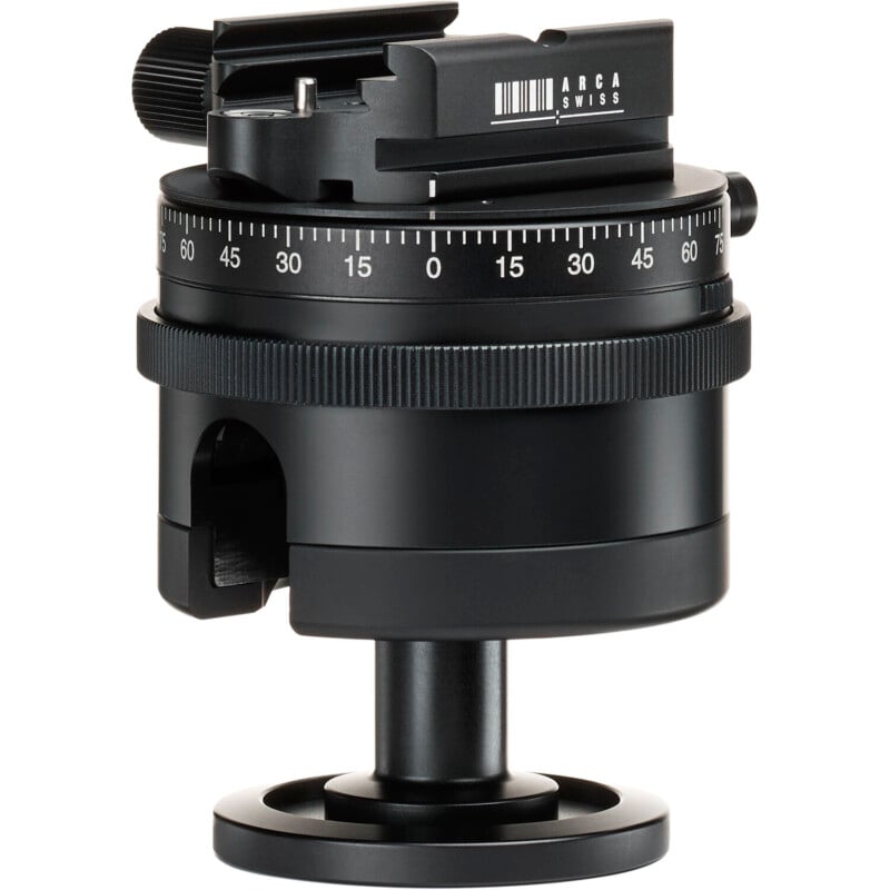 A black panorama head and tripod mount with degree markings and fine adjustment knobs, designed for precision in photographic panoramas.