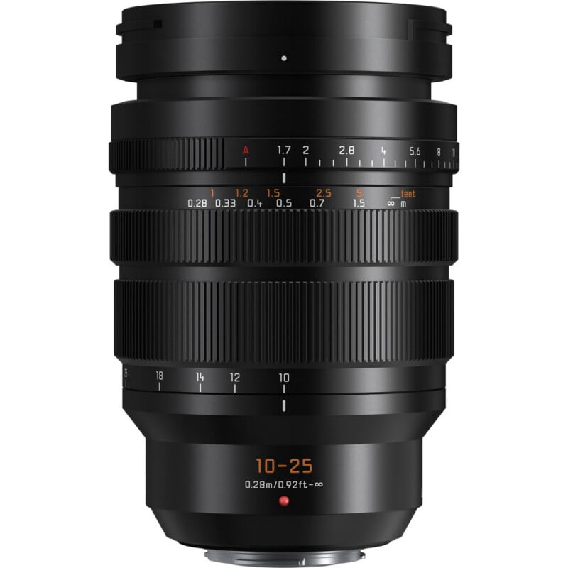 A professional camera lens with focal length markings from 10mm to 25mm, focus distance scale, and aperture settings ranging from f/1.7 to f/16.