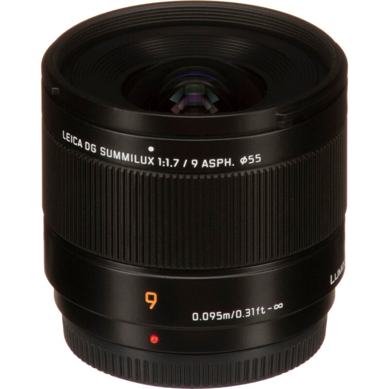 A leica dg summilux camera lens with a focal aperture of 1:1.7/9 and a focal distance indication from 0.095m to infinity, featuring black textured grips.