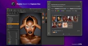 A computer screen displays a photo editing software interface with multiple windows showing a woman's portrait being edited, highlighting a high-fashion makeup look with golden accents.