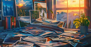 A cluttered desk covered with photographs, a digital tablet, and sketches, all depicting various landscapes, illuminated by a sunset streaming through a window with mountain views.