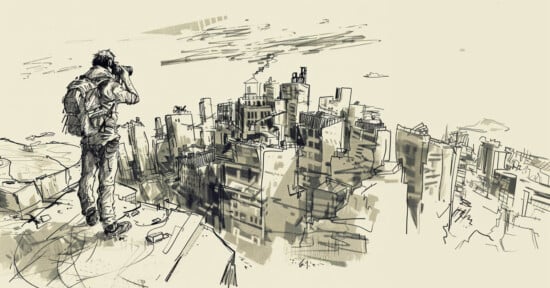 A sketch showing a person standing atop a building, observing a sprawling cityscape with binoculars. the style is dynamic, with rough pencil lines capturing urban details and a few flying vehicles.
