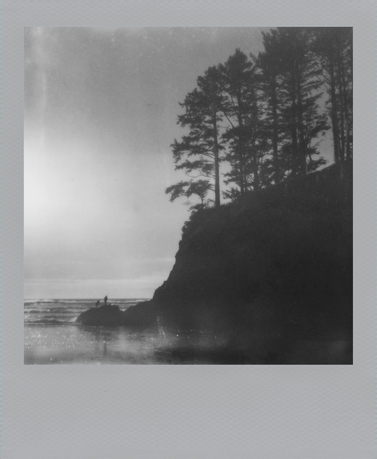 Black and white image of a tranquil beach scene with a silhouette of a lone surfer walking on the shore, a cliff with tall trees to the right, and reflective water in the foreground.