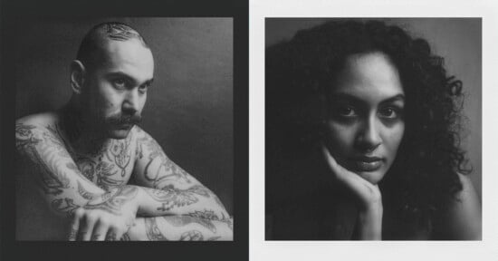 Black and white diptych portraits: left image featuring a tattooed man with a mustache and shaved head, right image showing a woman with curly hair gazing thoughtfully.