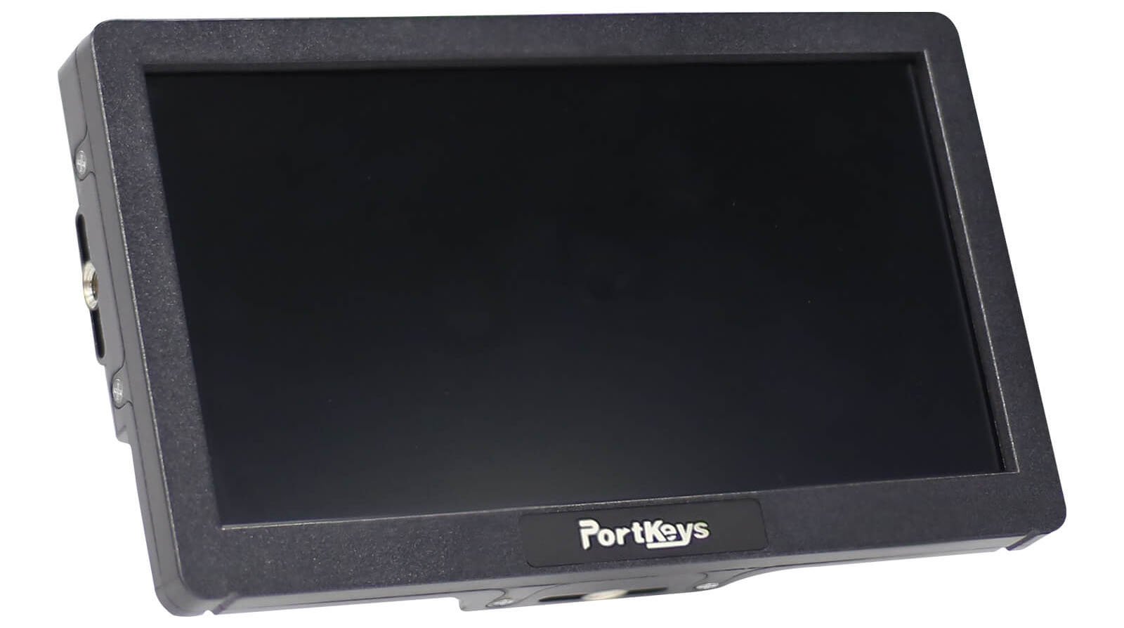 A rectangular PortKeys monitor with a black screen and dark-colored bezel. The monitor has a branded label reading "PortKeys" at the bottom center of the frame. The edges of the monitor's casing feature various input and output ports.