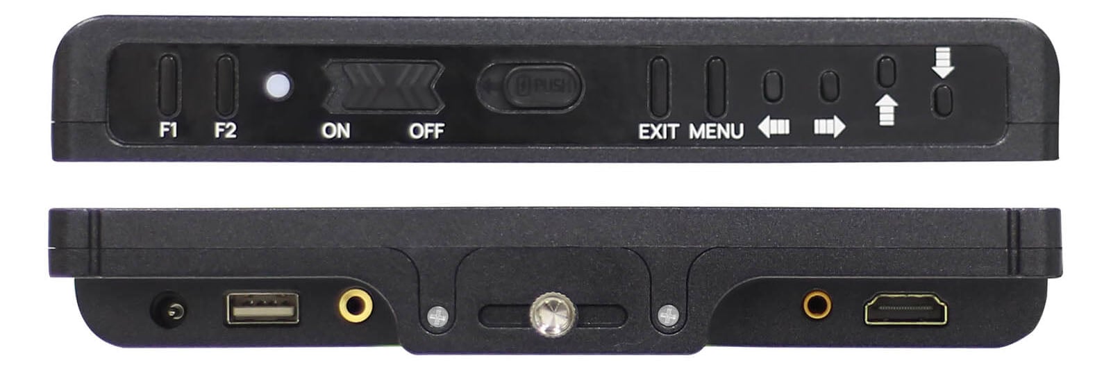 A close-up view of a black electronic device showcasing its control buttons and various input/output ports. The top section displays buttons labeled F1, F2, ON, OFF, EXIT MENU, and several navigation arrows. The bottom section includes USB, audio, and HDMI ports.
