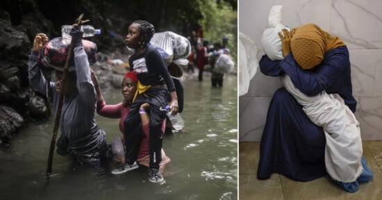 Left: a group of people wade through a river carrying belongings on their heads. right: an artistic installation of stacked pillows and blankets forming a figure hugging its knees.