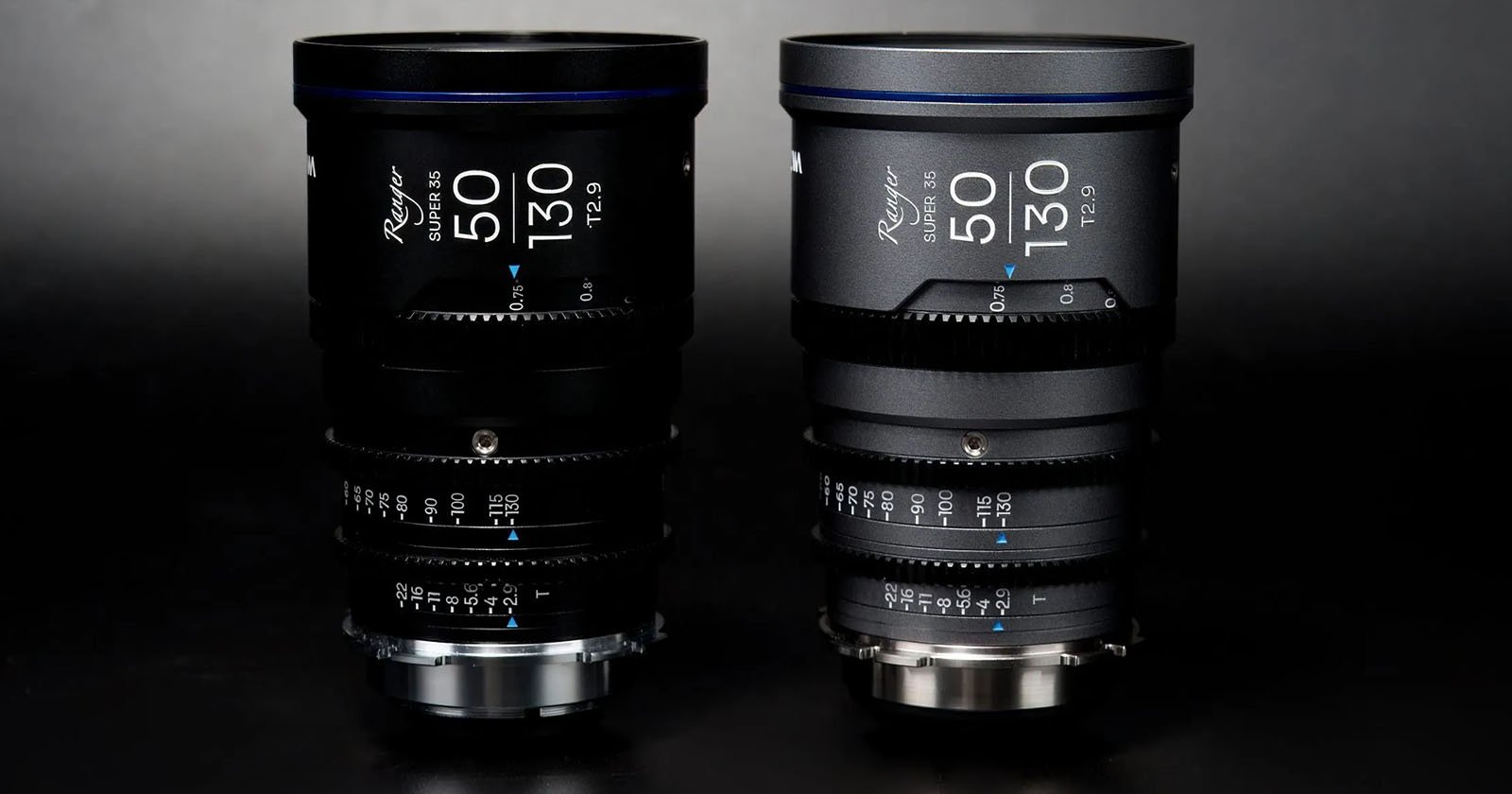 Two professional camera lenses, one marked 150mm and the other 50mm, stand vertically on a glossy surface against a dark background.