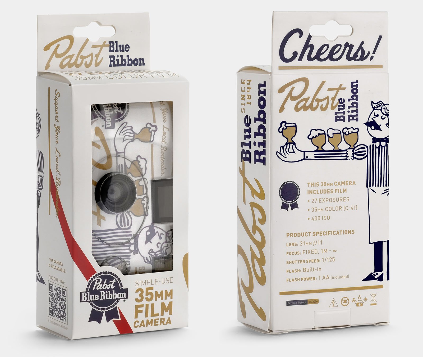 Two boxes of Pabst Blue Ribbon 35mm film cameras. Each box features the Pabst Blue Ribbon logo, a vintage-style illustration of a person holding a drink, and text detailing specifications such as 27 exposures, 400 ISO, and a built-in flash.
