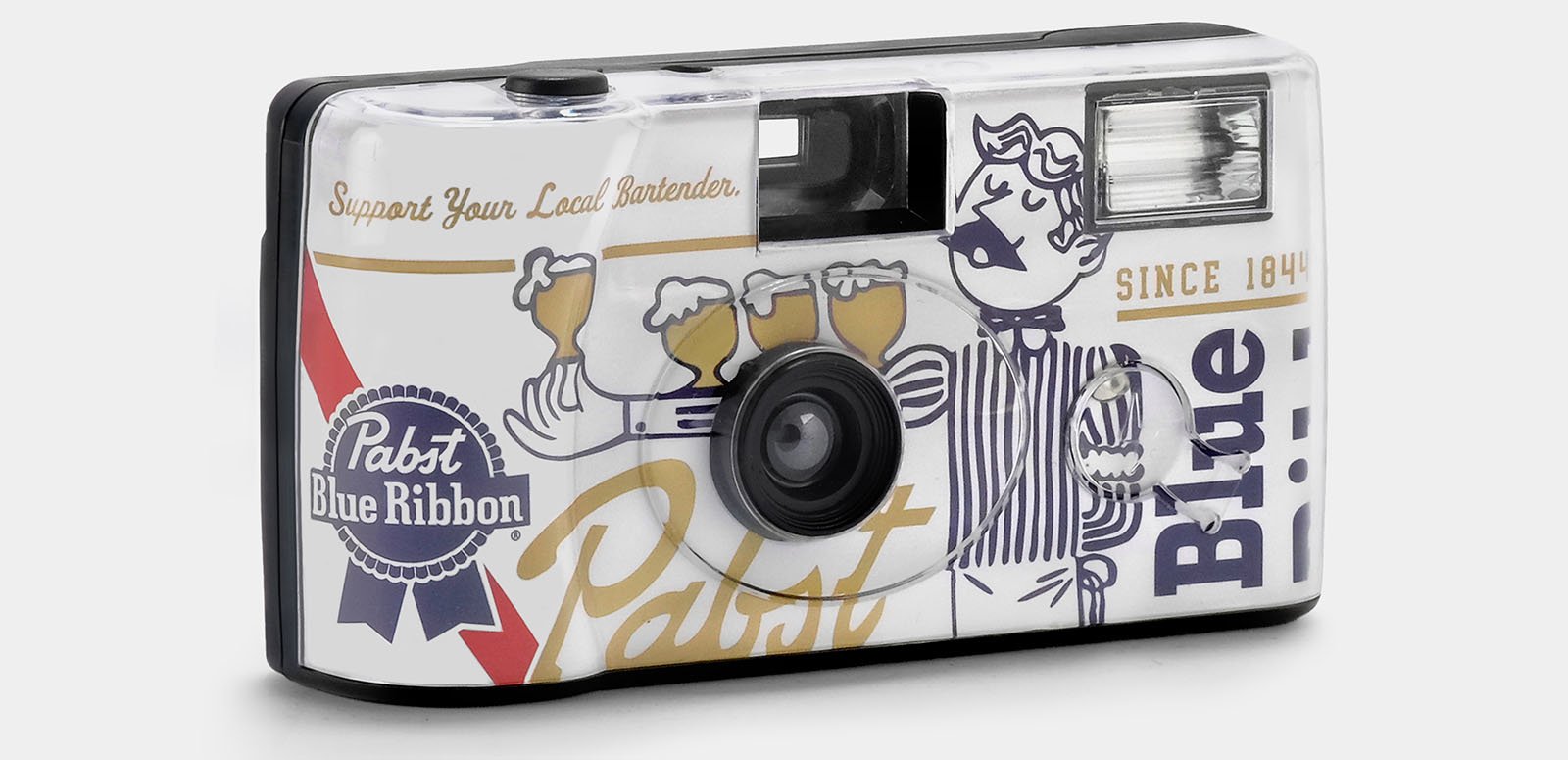 A disposable camera with a Pabst Blue Ribbon design. The front features illustrations of people holding beer mugs, the Pabst logo, and the text "Support Your Local Bartender" and "Since 1844." The background is white with blue and gold accents.
