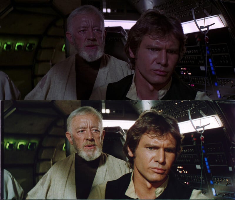 Two men are shown inside a spaceship cockpit. The older man, with white hair and a beard, wears a light brown robe. The younger man has brown hair and is dressed in a vest over a white shirt. Various lights and controls are visible in the background.