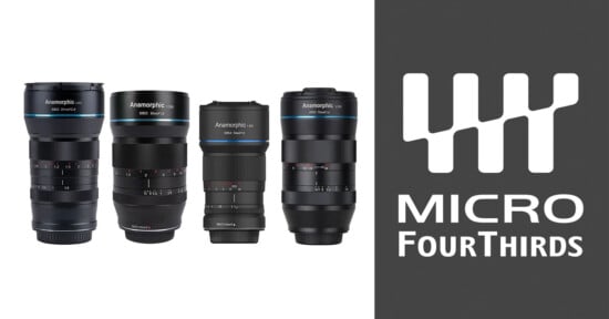 A group of four camera lenses is displayed on the left side of the image, labeled as "Anamorphic" and part of the "Micro Four Thirds" system. The right side of the image features the "Micro Four Thirds" logo and text on a gray background.