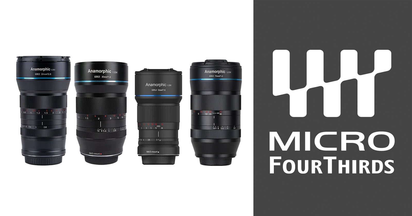 A group of four camera lenses is displayed on the left side of the image, labeled as Anamorphic and part of the Micro Four Thirds system. The right side of the image features the Micro Four Thirds logo and text on a gray background.
