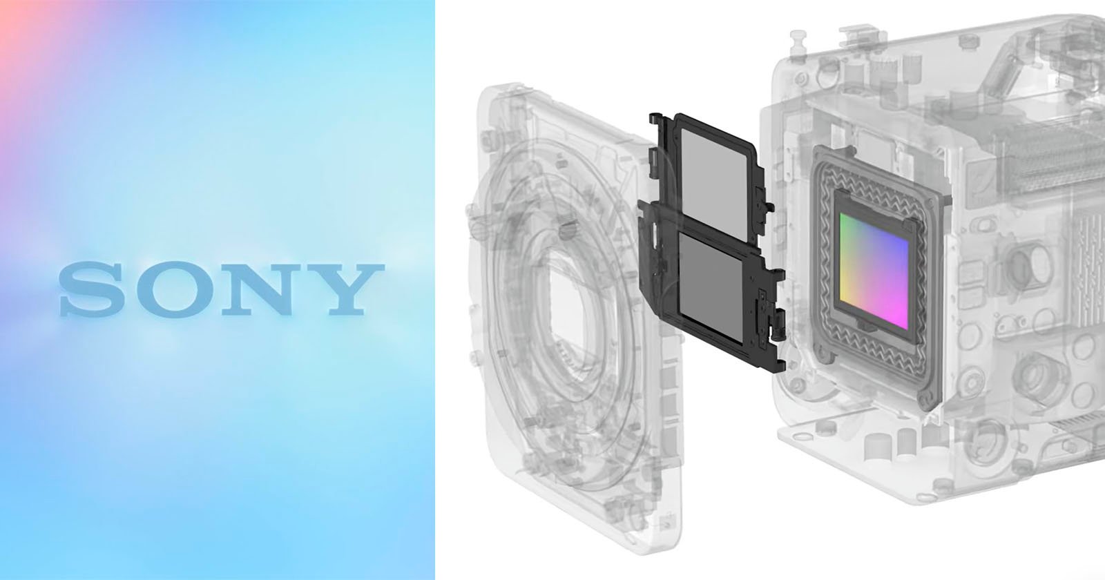 A semi-transparent Sony camera displays its internal sensor mechanism on the right side of the image. On the left side, there's a blue gradient background with the Sony logo. The camera's inner components appear detailed and technical.