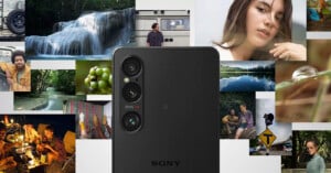 A Sony smartphone is pictured with its camera lens in focus. Behind it is a collage of various photos, including a waterfall, people in different settings, close-ups of nature, a campsite at night, and outdoor landscapes.