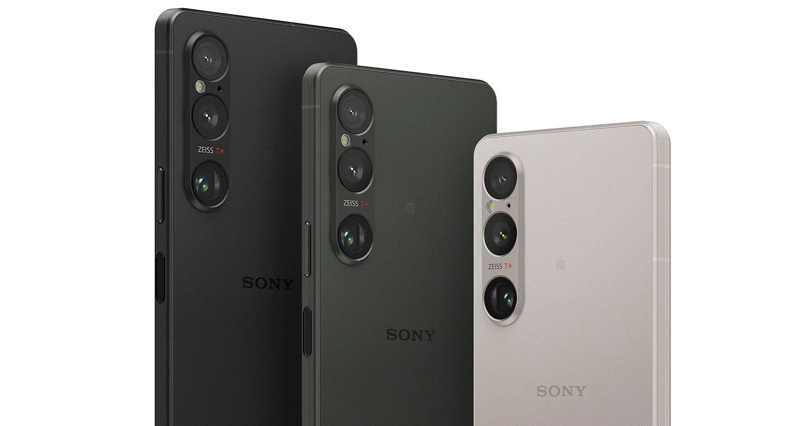 Three Sony smartphones are shown from the back at an angle, highlighting their triple camera setups. The phones come in three colors: black, dark green, and white. The camera modules are labeled with the branding "ZEISS T*.