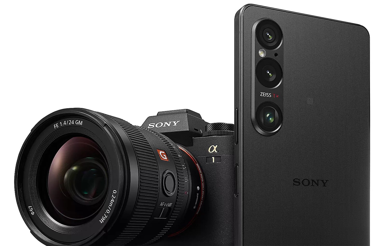 A close-up image showcasing a Sony Alpha camera with a wide-angle lens alongside a black smartphone featuring a triple-lens camera system. The camera lens displays "FE 1.4/24 GM" and the smartphone has "ZEISS T*" branding near the lens.