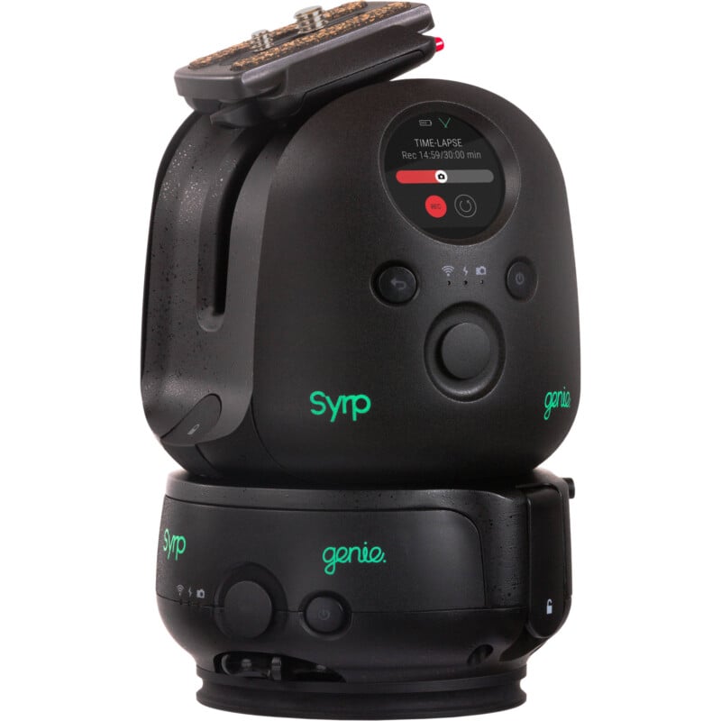 A close-up image of a syrp genie motion control device used in photography and videography to create smooth panning shots and time-lapses.