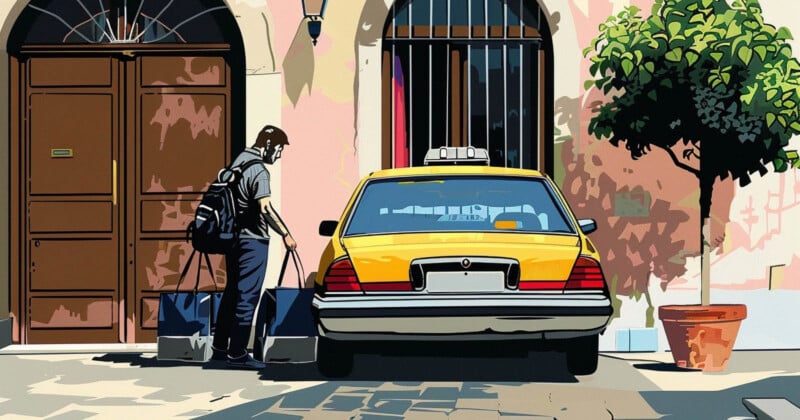 A person with a backpack is entering a yellow taxi parked by the curb in front of a building with wooden doors and a small tree nearby.