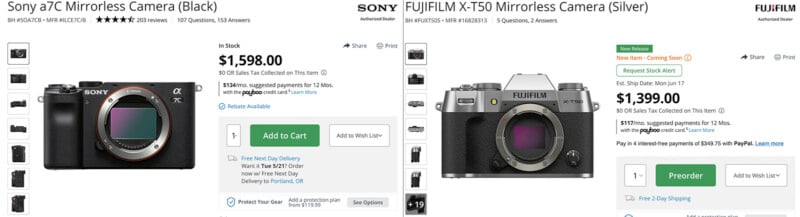 Two mirrorless camera listings are displayed side by side. On the left is the Sony a7C in black priced at $1,598.00, and on the right is the Fujifilm X-T50 in silver priced at $1,399.00. Both listings include product images, ratings, and details about availability and shipping options.