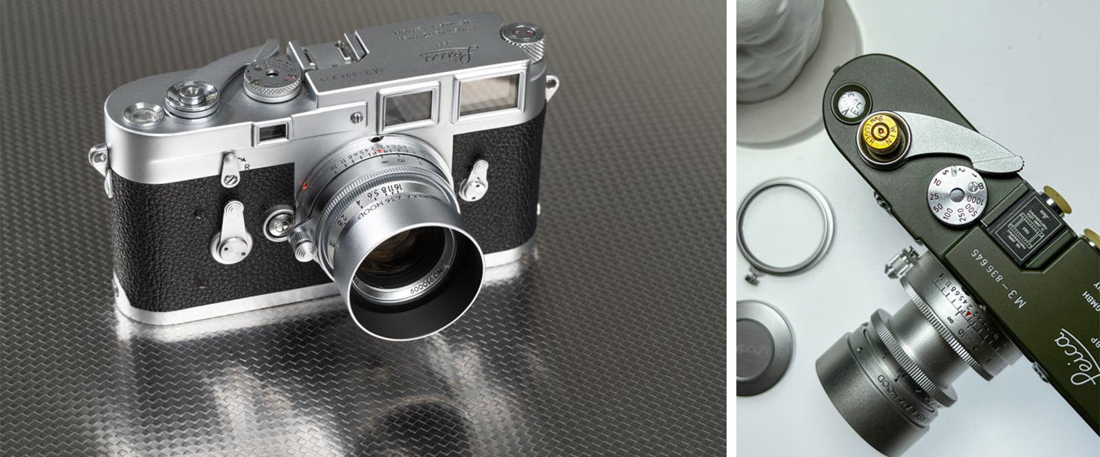 Side-by-side images of Leica cameras. The left image shows a vintage silver Leica camera with a mounted lens on a textured surface. The right image displays an olive green Leica camera from a top-down angle, revealing the lens and camera controls.