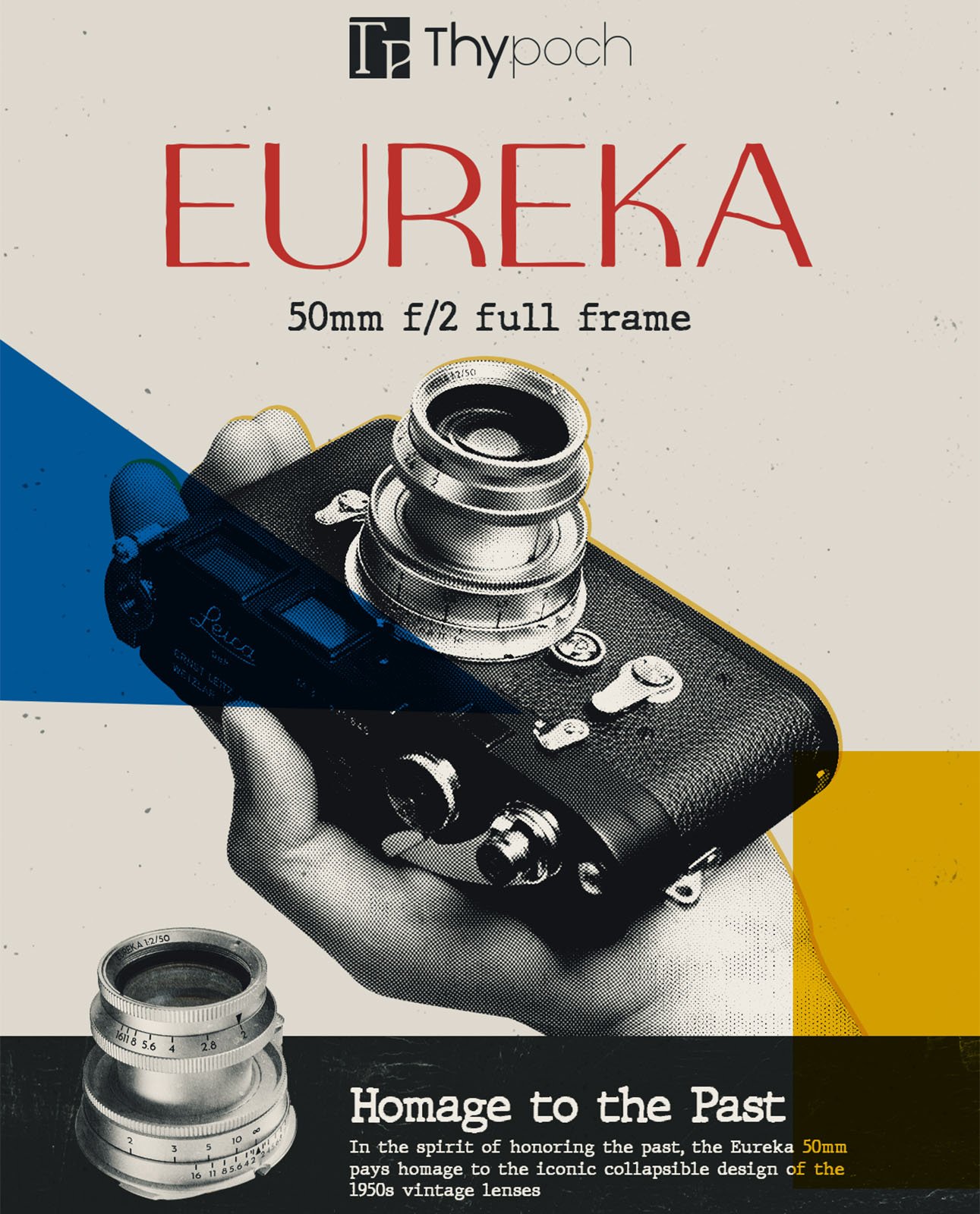 Poster promoting "Eureka," a vintage-style full-frame 50mm f/2 camera lens by Thypoch. The image shows a hand holding the retro camera with the lens attached. The text highlights the homage to 1950s collapsible lens designs.