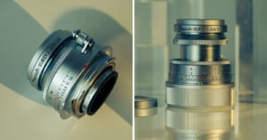 Two images of a Trypoch-EUREKA A36 UV camera lens. The left image shows the lens in a compact, retracted position with visible adjustment numbers. The right image displays the lens extended, with detailed focus and aperture markings. Both are set against a reflective surface.