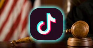A tiktok logo imposed over an image of a courtroom scene featuring a wooden gavel and the american flag in the background, symbolizing legal issues involving the social media platform.