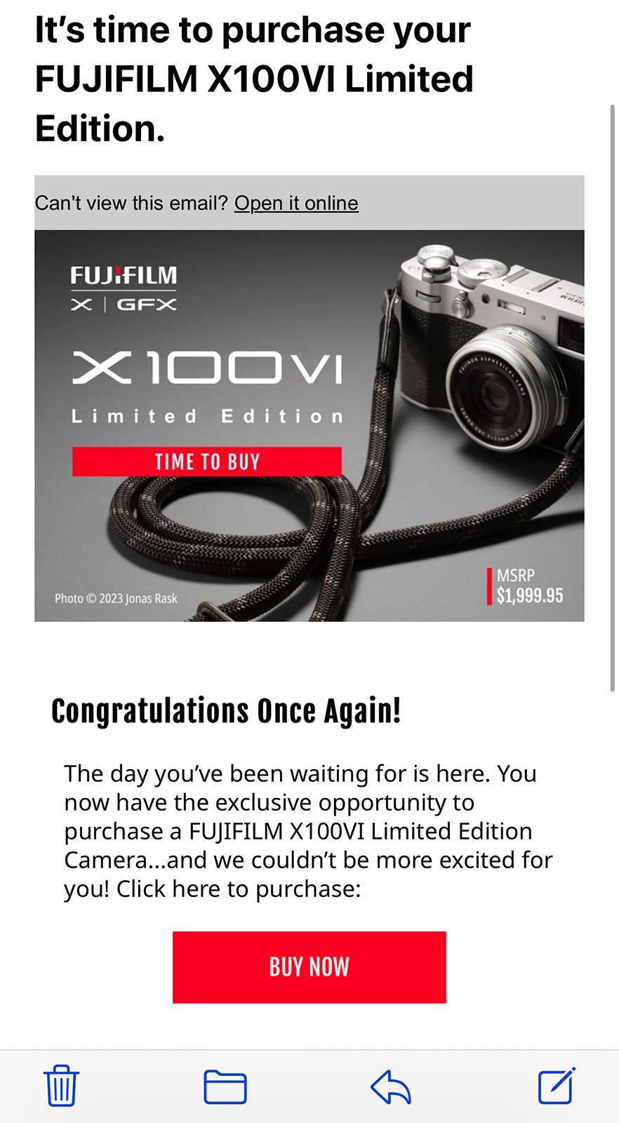 Advertisement for the FUJIFILM X100VI Limited Edition camera. The ad features a photo of the camera with a black strap, a "Time to Buy" button below the photo, and text emphasizing the opportunity to purchase the camera for $1,999.95.