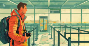 A man with a camera and a backpack in an orange jacket stands in an empty airport terminal, gazing out large windows, with departure gates and clear sky in the background.