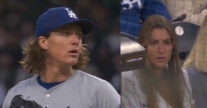 Los Angeles dodger Tyler Glasnow (left) spotted his girlfriend Meghan Murphy (right) in the crowd. The baseball star enlisted the help of the team photographer.