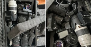 A camera case is open, showing a collection of photography equipment. The gear includes Canon lenses, a Canon camera, lens hoods, and various camera accessories, arranged in padded compartments for protection. The setup is shown from two different angles.