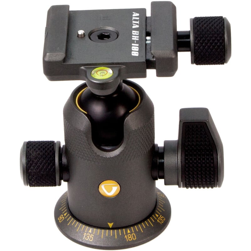 A black tripod ball head with adjustable knobs and a circular base featuring degree markings. it includes a level indicator and a quick release plate on top.