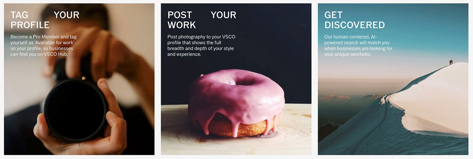 Three connected images promoting a platform: 1) a person holding a camera lens facing toward the viewer. 2) a pink frosted donut on a plate. 3) a scenic view of a winding road on a coastal cliff. each image includes text encouraging user interaction on social media.