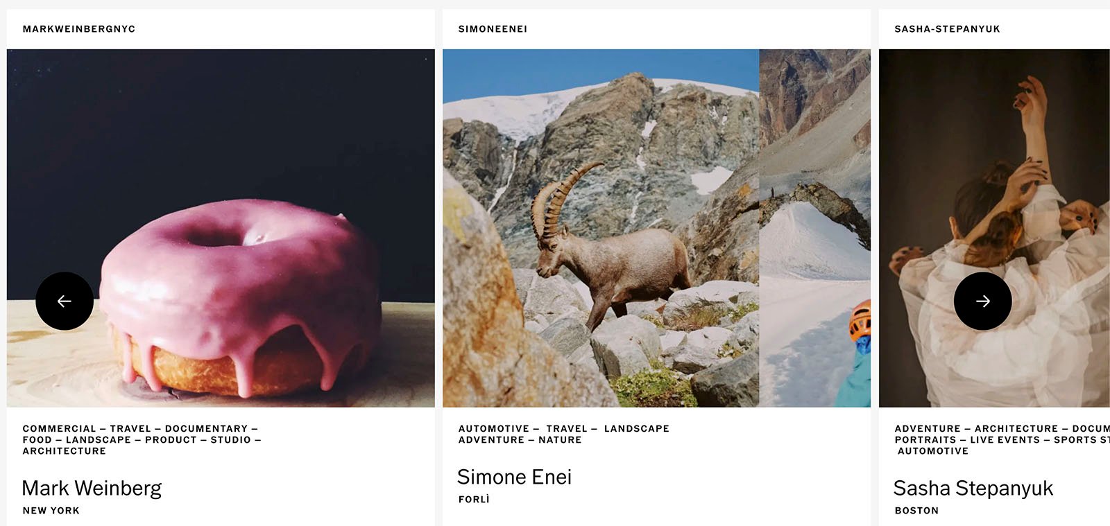 Three images promoting different photographers: a pink doughnut (food photography), a mountain goat on a rocky terrain (wildlife photography), and a close-up of ballet dancers (sports photography).