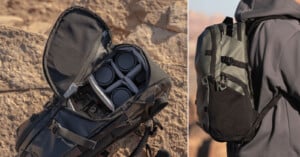 Split image showing a gray camera backpack. The left side reveals an open backpack with compartments holding camera gear and lenses. The right side shows the backpack being worn by a person from behind, featuring adjustable straps and outdoor setting.