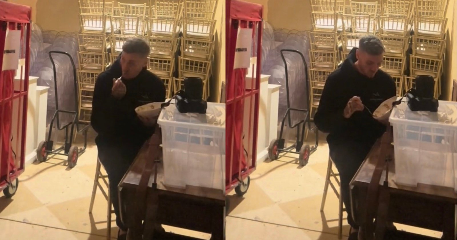 Wedding Photographer is Filmed Eating Alone in a Cupboard
