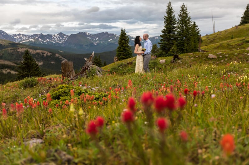 A couple stands closely together on a lush green hillside filled with red wildflowers and small trees. Snow-capped mountains and a cloudy sky form the scenic background.