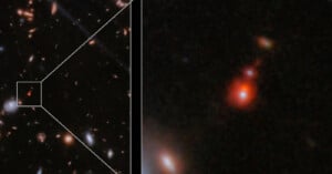 A deep space image showing various distant galaxies. The left side displays numerous faint celestial objects, with a white square highlighting a specific area. The right side is a zoomed-in view of this highlighted section, featuring a prominent, bright, red galaxy.