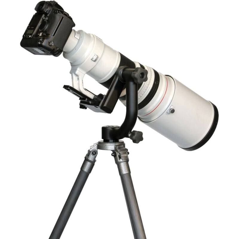 A professional telephoto camera lens mounted on a tripod against a plain background, equipped for high-resolution photography.